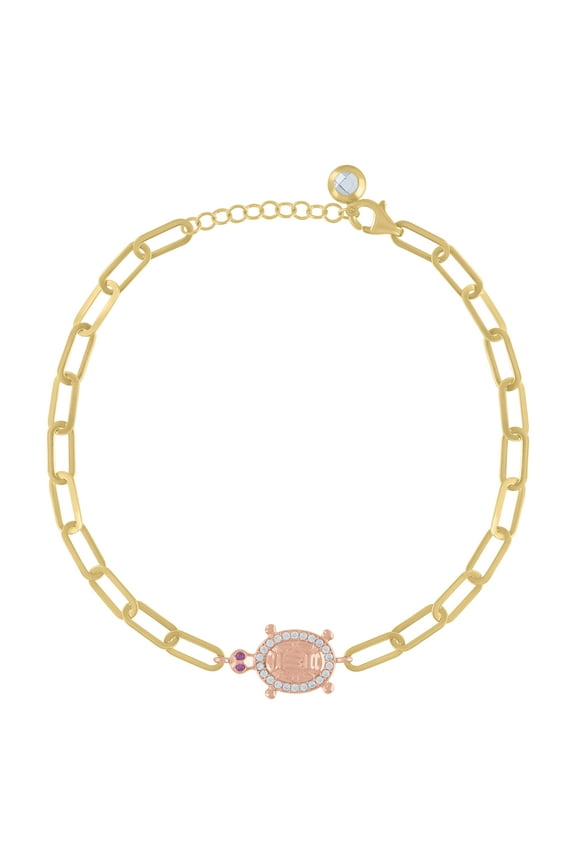10kt Real Two-tone Gold Womens Purple Cubic-Zirconia Turtle Animal Charm Bracelet Size 8 Inches