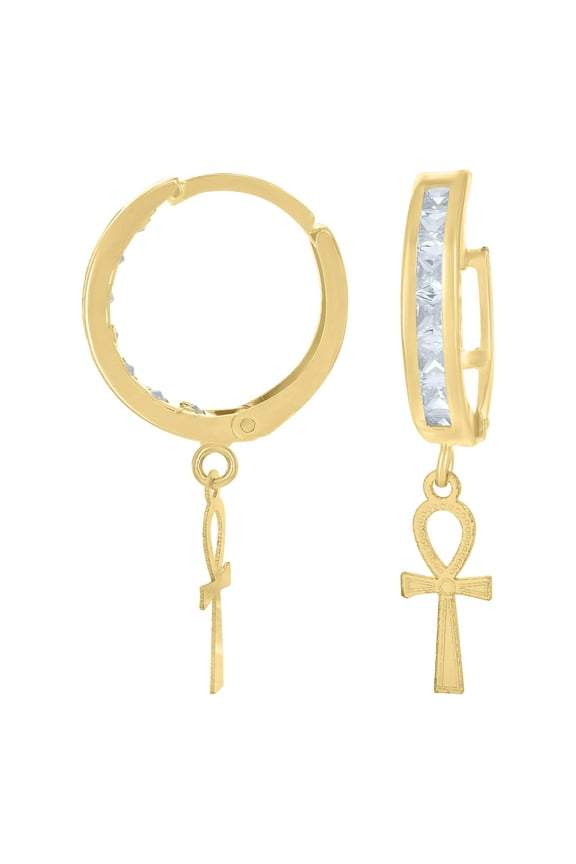 10kt Real Yellow Gold Mens Cubic-Zirconia Ankh Cross Dangle Hoop Earrings