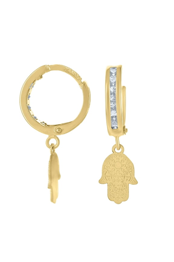 10kt Real Yellow Gold Mens Cubic-Zirconia Hamsa Dangle Hoop Earrings