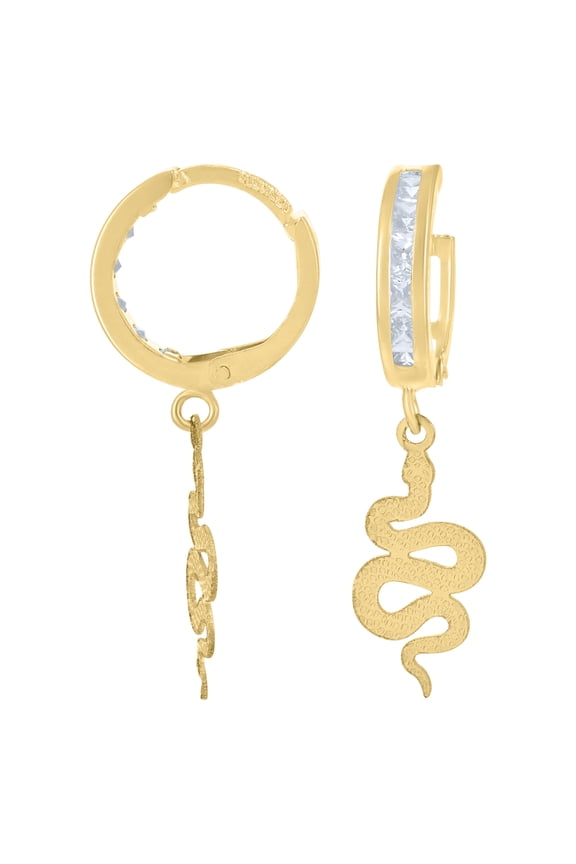 10kt Real Yellow Gold Mens Cubic-Zirconia Snake Dangle Hoop Earrings