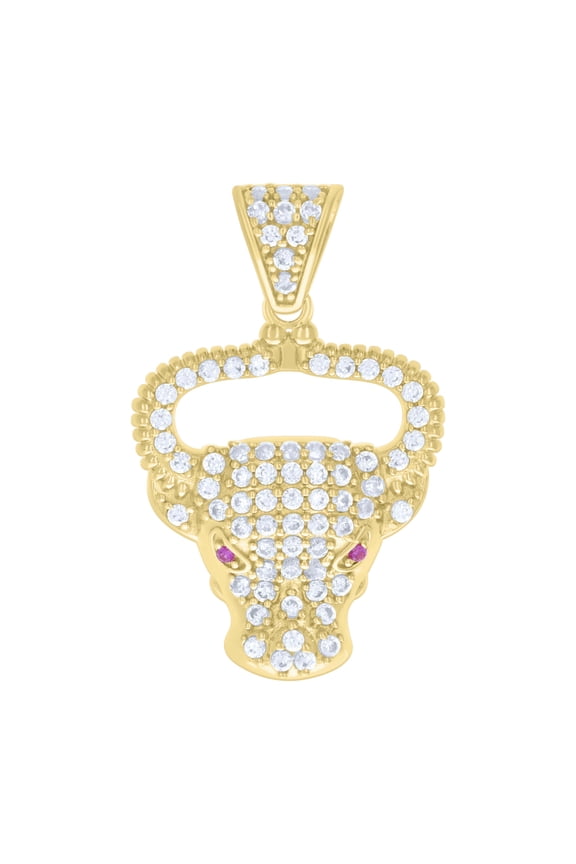 10kt Real Yellow Gold Mens Pink White Cubic-Zirconia Bull Head Animal Wildlife Charm Pendant