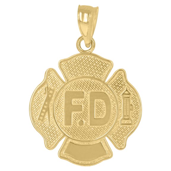 10kt Real Yellow Gold Textured Unisex Fire Department Badge Charm Pendant