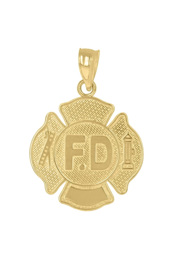 10kt Real Yellow Gold Textured Unisex Fire Department Badge Charm Pendant