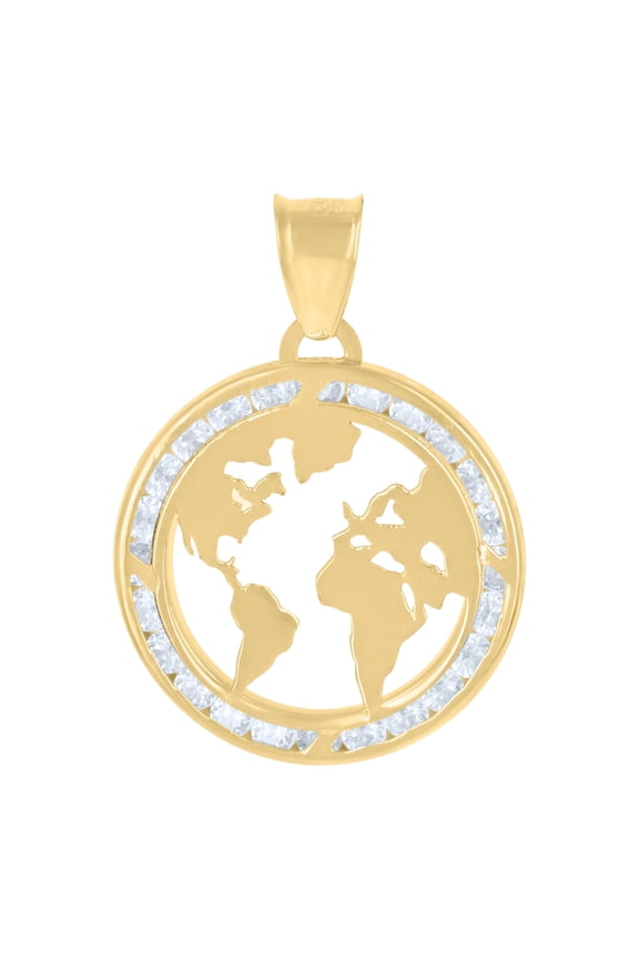 10kt Real Yellow Gold Unisex Cubic-Zirconia World Map Charm Pendant