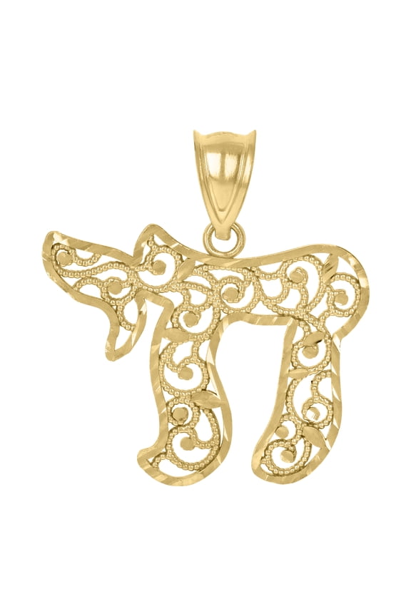 10kt Real Yellow Gold Unisex Filigree Chai Symbol Charm Pendant