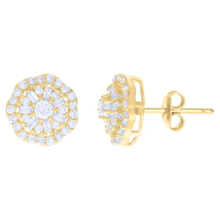10kt Real Yellow Gold Womens Baguette Round Cubic-Zirconia Octagon Fashion Stud Earrings