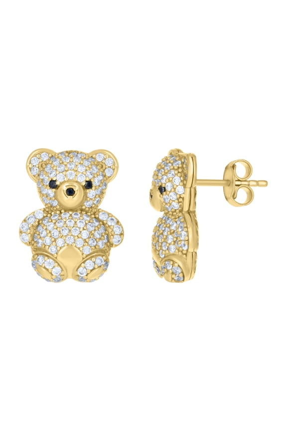 10kt Real Yellow Gold Womens Black White Cubic-Zirconia Teddy Bear Fashion Stud Earrings