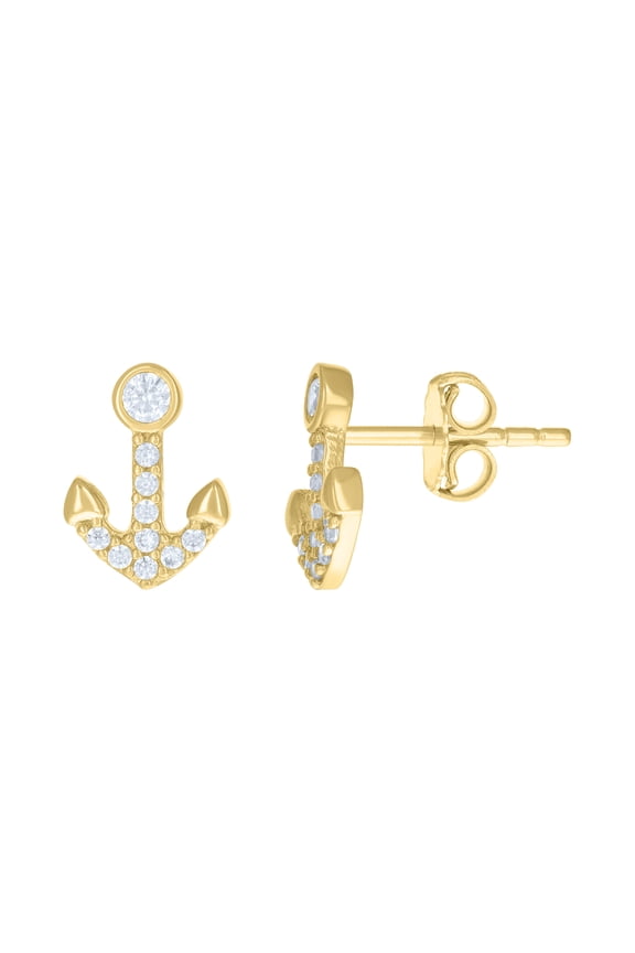 10kt Real Yellow Gold Womens Cubic-Zirconia Anchor Ocean Stud Earrings