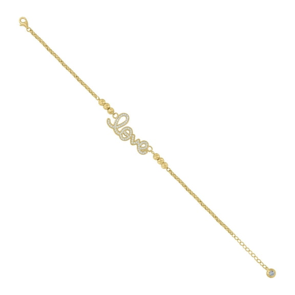 10kt Real Yellow Gold Womens Cubic-Zirconia Beaded Love Charm Bracelet Size 8 Inches