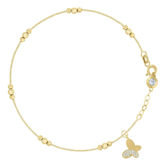 10kt Real Yellow Gold Womens Cubic-Zirconia Butterfly Beaded Charm 8" Bracelet