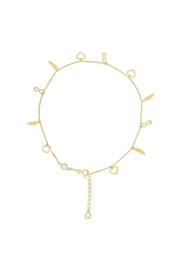 10kt Real Yellow Gold Womens Cubic-Zirconia Heart/Infinity/Feather Charms Chain Anklet Size 9 + 1 Inches