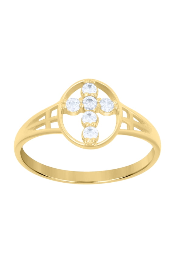 10kt Real Yellow Gold Womens Cubic Zirconia Oval Cross Religious Ring