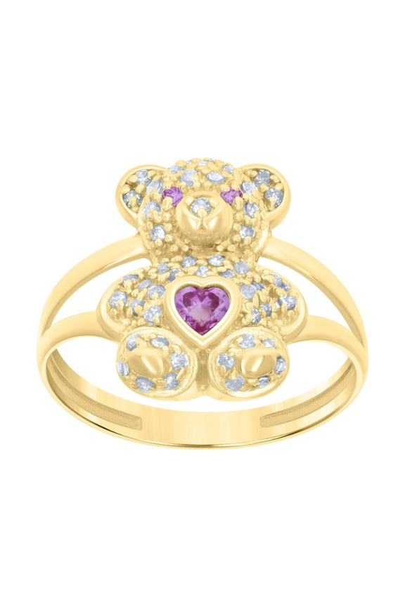 10kt Real Yellow Gold Womens Pink White Heart Round Cubic-Zirconia October Birthstone Teddy Bear Ring
