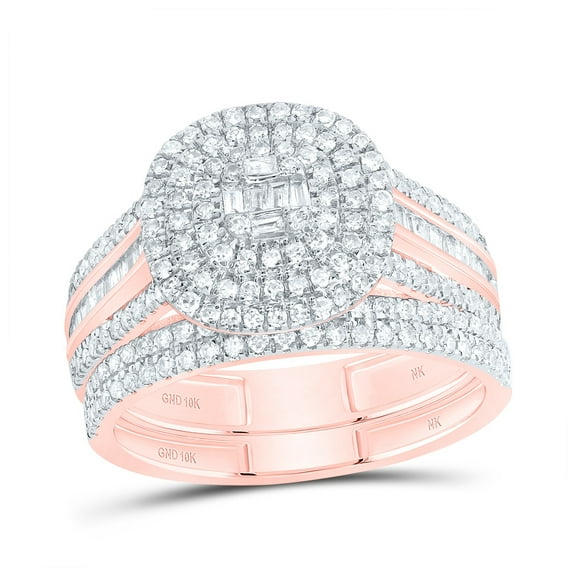 10kt Rose Gold 7/8 Cttw Diamond Cushion Double Halo Wedding Engagement Anniversary Bridal Set, Women Size: 5-9