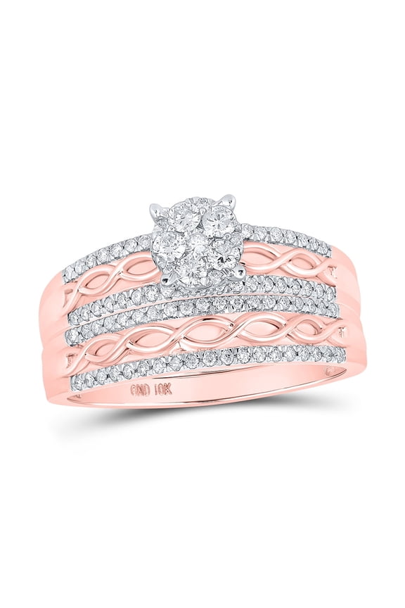 10kt Rose Gold His & Hers Round Diamond Cluster Twist Matching Bridal Wedding Ring Band Set 1.00 Cttw