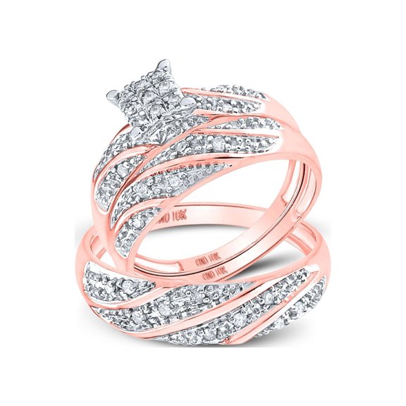 10kt Rose Gold His Hers Round Diamond Square Matching Wedding Set 1/3 Cttw