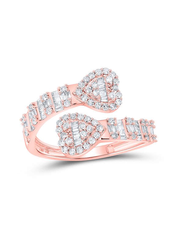 10kt Rose Gold Womens Baguette Diamond Cuff Bypass Heart Ring 5/8 Cttw