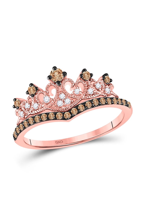 10kt Rose Gold Womens Round Brown Diamond Crown Tiara Ring 1/3 Cttw