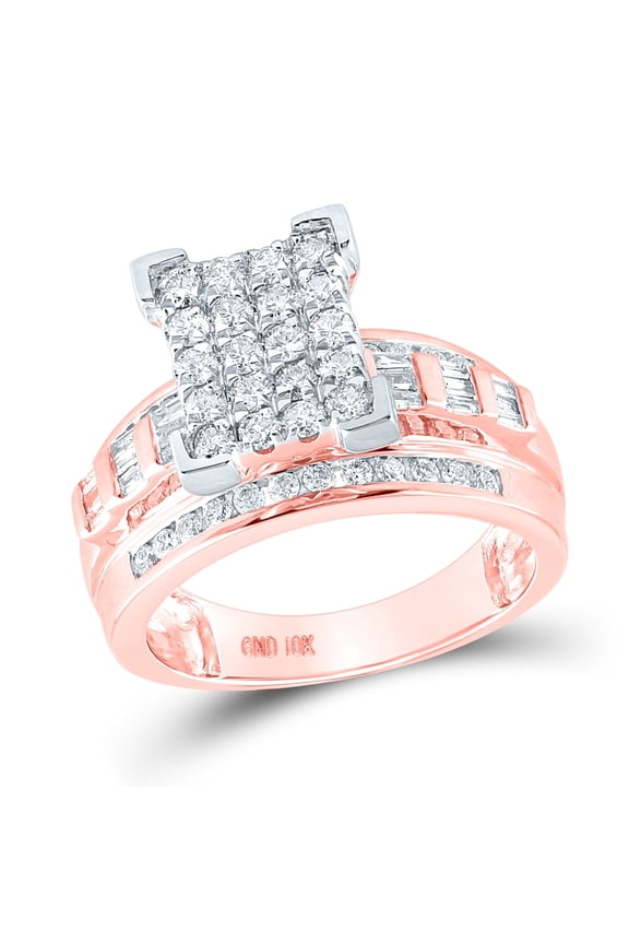 10kt Rose Gold Womens Round Diamond Elevated Rectangle Cluster Bridal Wedding Engagement Ring 1.00 Cttw