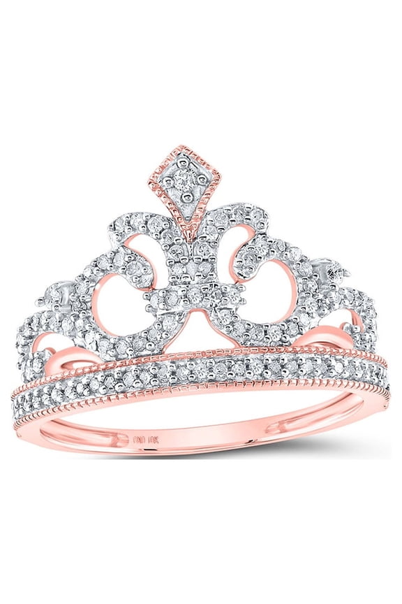 10kt Rose Gold Womens Round Diamond Fleur Crown Tiara Fashion Ring 1/5 Cttw