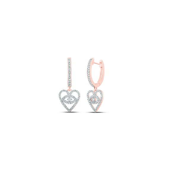 10kt Rose Gold Womens Round Diamond Heart Dangle Earrings 3/8 Cttw