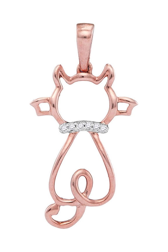 10kt Rose Gold Womens Round Diamond Kitty Cat Animal Pendant .02 Cttw