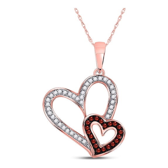 10kt Rose Gold Womens Round Red Color Enhanced Diamond Double Heart Pendant 1/6 Cttw