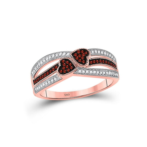 10kt Rose Gold Womens Round Red Color Enhanced Diamond Double Heart Striped Ring 1/5 Cttw