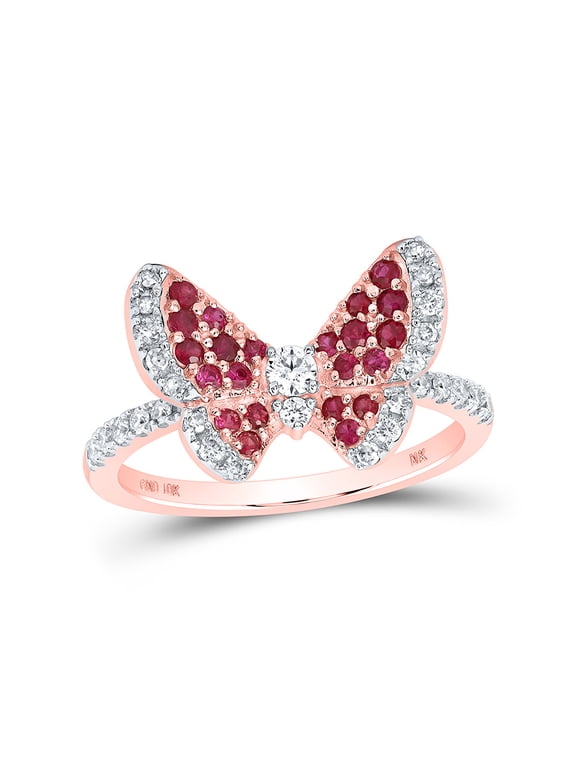 10kt Rose Gold Womens Round Ruby Diamond Butterfly Ring 5/8 Cttw