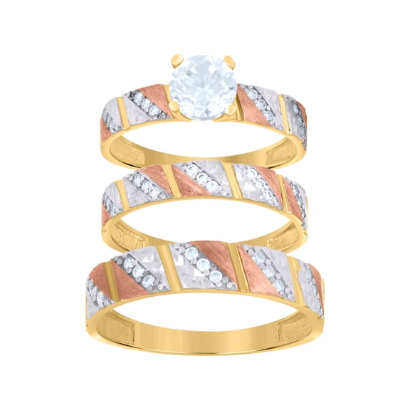 10kt Tri-Color Gold Womens Cubic-Zirconia Bridal Anniversary Engagement Wedding Trio Ring Set, Womens Size: 7