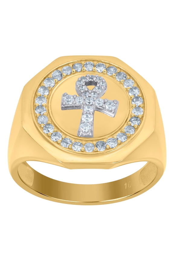 10kt Two-Tone Gold Mens Cubic-Zirconia Ankh Religious Signet Ring , Mens Size: 10