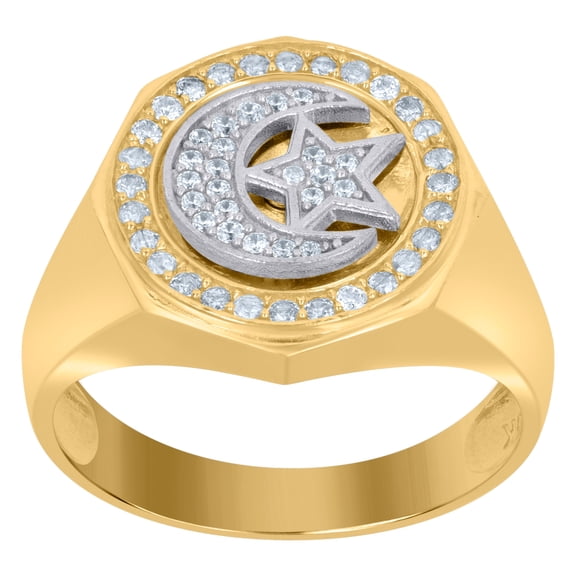 10kt Two-Tone Gold Mens Cubic-Zirconia Chand Sitara Religious Signet Ring , Mens Size: 10
