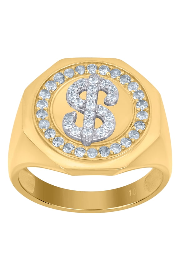 10kt Two-Tone Gold Mens Cubic-Zirconia Dollar Sign Currency Signet Ring , Mens Size: 10