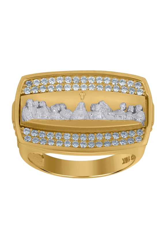 10kt Two-Tone Gold Mens Cubic-Zirconia Last Supper Religious Ring, Mens Size: 10