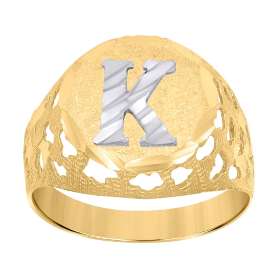 10kt Two-Tone Gold Mens Diamond-Cut Textured Initial Letter K Band Ring, Mens Size: 10