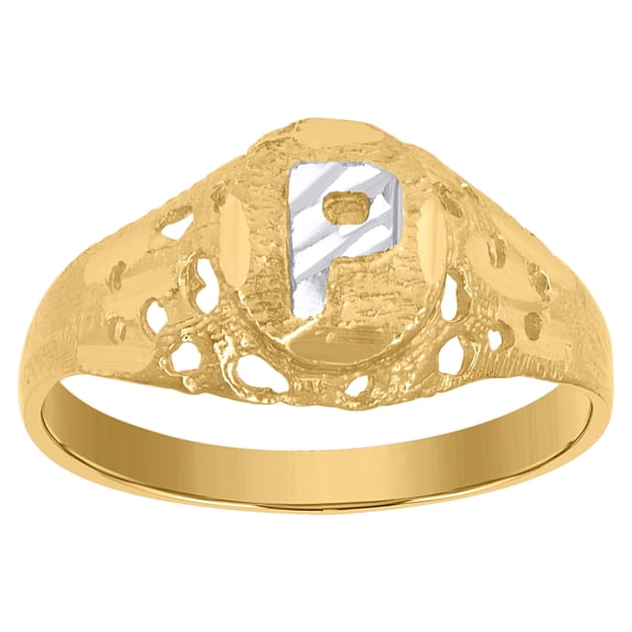 10kt Two-Tone Gold Mens Diamond-Cut Textured Oval Initial Letter P Band Ring, Mens Size: 10