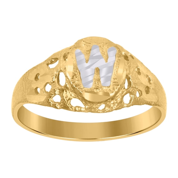 10kt Two-Tone Gold Mens Diamond-Cut Textured Oval Initial Letter W Band Ring, Mens Size: 10