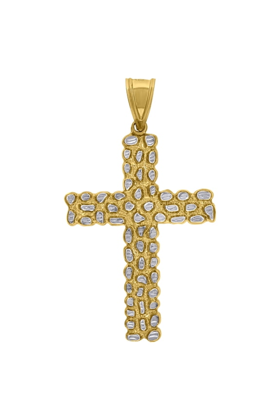 10k 10Kt Two-Tone Gold Mens Religious Nugget Cross Pendant