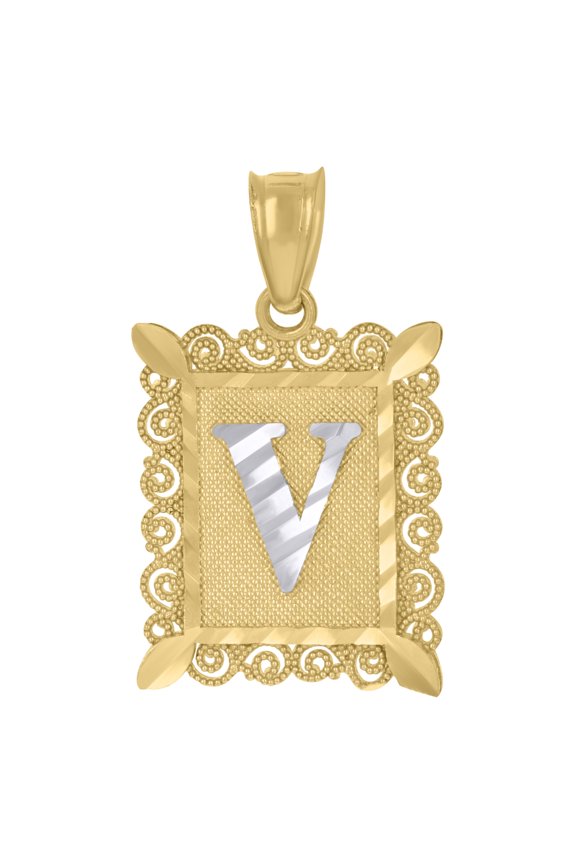 10k Two-tone Gold Unisex Diamond-cut Initial V Charm Pendant for Men Women