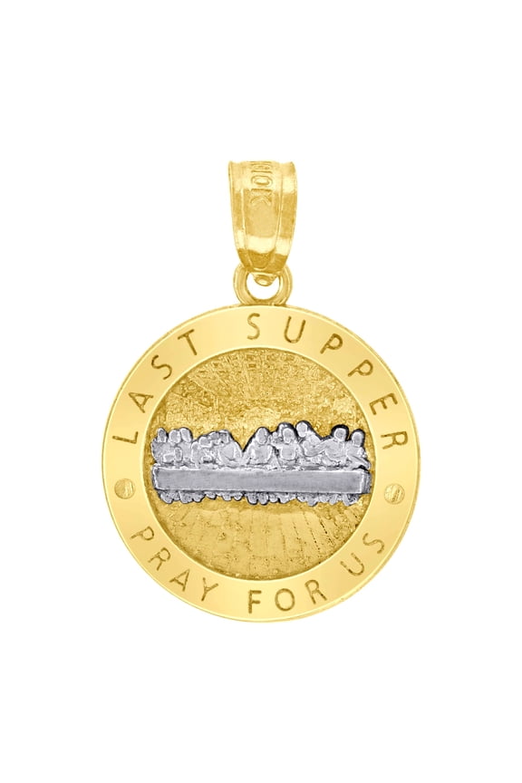 10k Two-tone Gold Unisex Textured Last Supper Pray for Us Religious Charm Pendant for Men Women