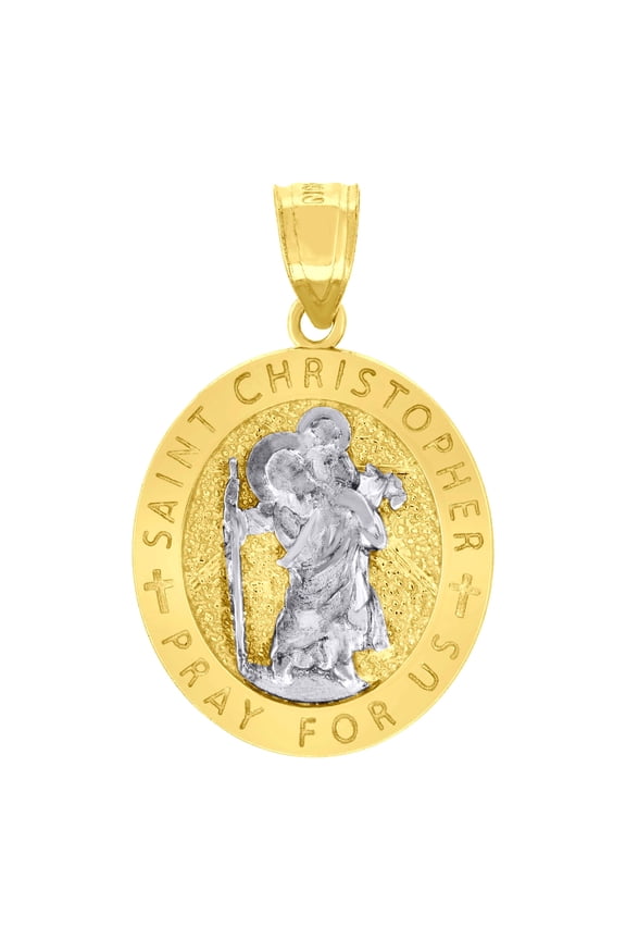 10k Two-tone Gold Unisex Textured Saint Christopher Pray for Us Religious Charm Pendant for Men Women