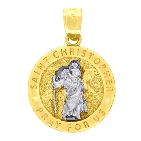 10k Two-tone Gold Unisex Textured Saint Christopher Pray for Us Religious Charm Pendant for Men Women