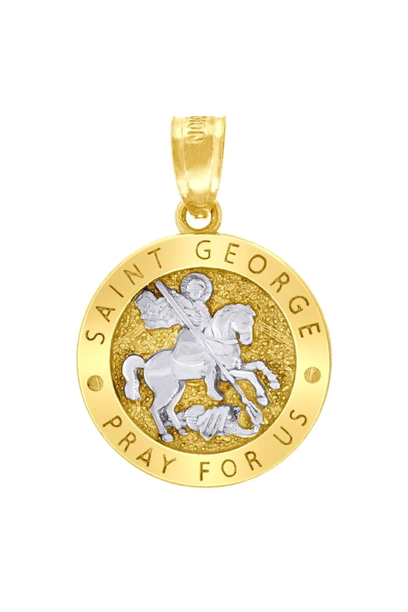 10k Two-tone Gold Unisex Textured Saint George Pray for Us Religious Charm Pendant for Men Women