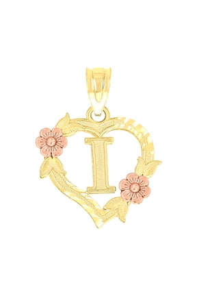 10kt Two-Tone Gold Womens Heart Flower Initial Letter I Charm Pendant
