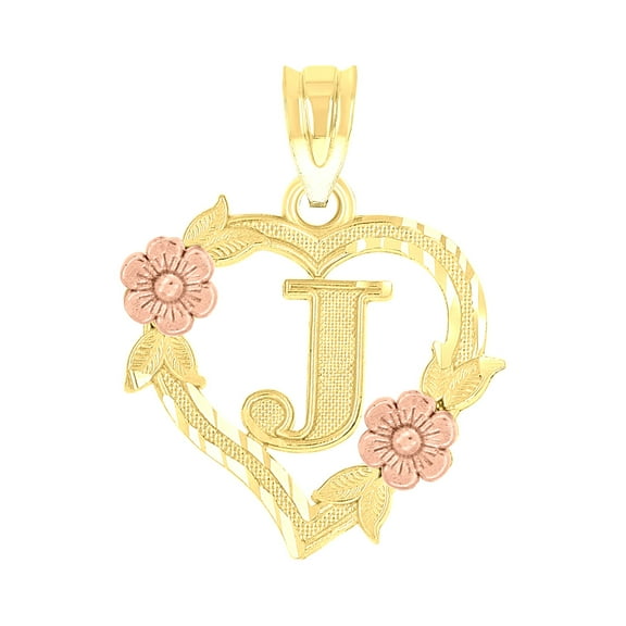 10kt Two-Tone Gold Womens Heart Flower Initial Letter J Charm Pendant