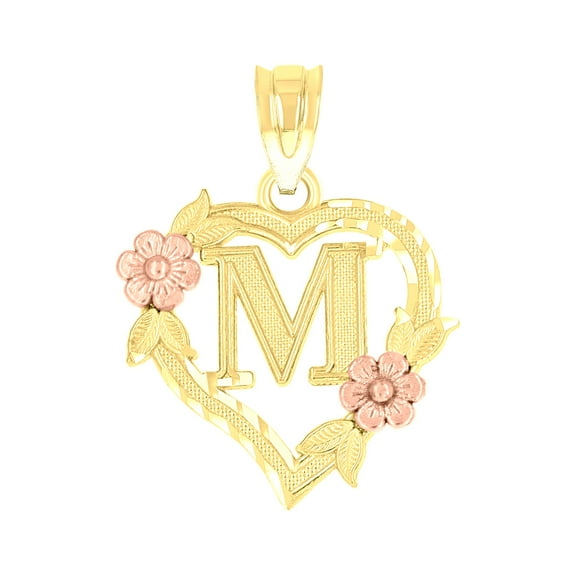 10kt Two-Tone Gold Womens Heart Flower Initial Letter M Charm Pendant