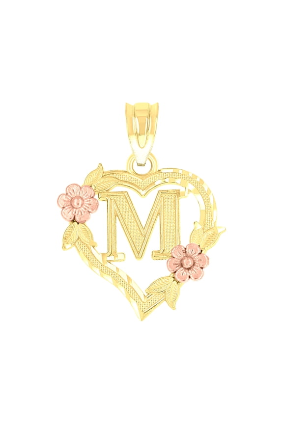 10kt Two-Tone Gold Womens Heart Flower Initial Letter M Charm Pendant