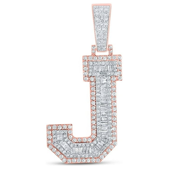 10kt Two-tone Gold Mens Baguette Diamond J Initial Letter Charm Pendant 1-3/8 Cttw