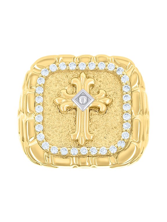 10kt Two-tone Gold Mens Cubic-Zirconia Cross Religious Square Head Nugget Ring, Mens Size: 10