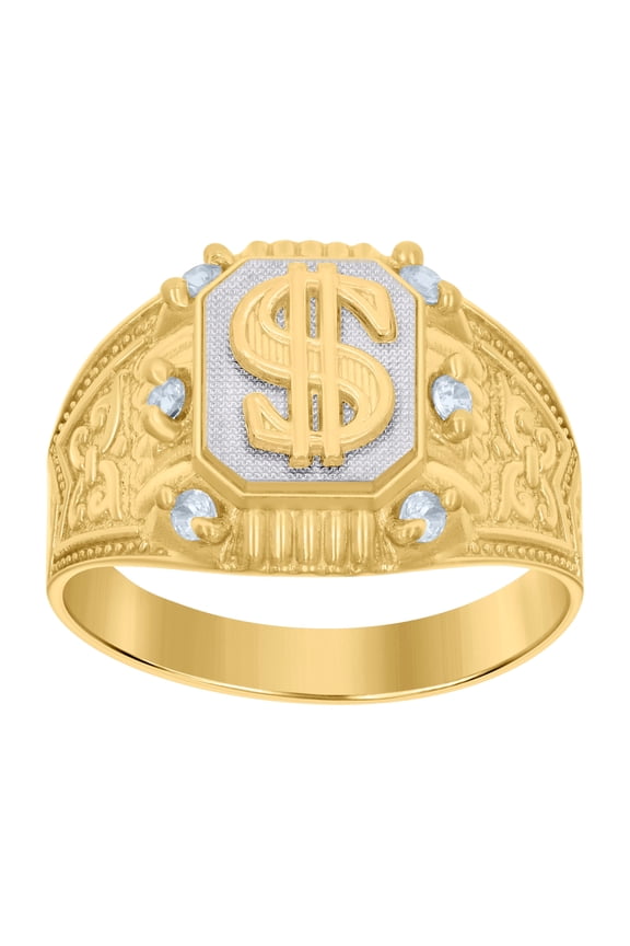 10kt Two-tone Gold Mens Cubic-Zirconia Dollar Symbol Currency Ring, Mens Size: 10